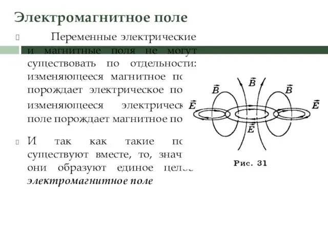 Электромагнитное поле Переменные электрические и магнитные поля не могут существовать по отдельности: