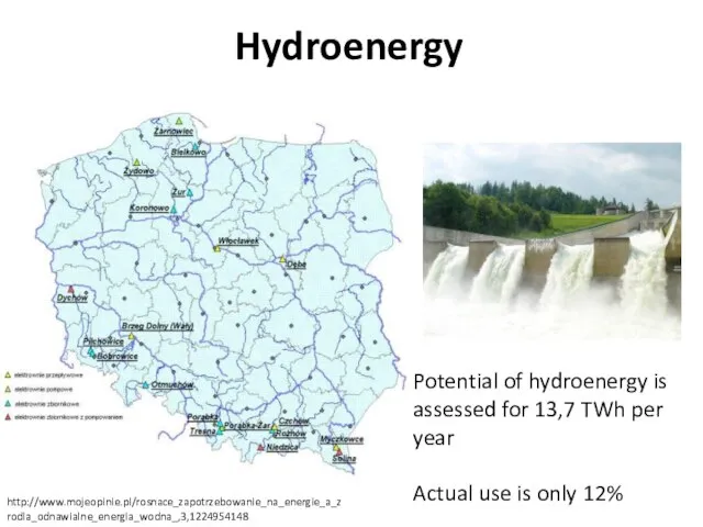 Hydroenergy Potential of hydroenergy is assessed for 13,7 TWh per year Actual