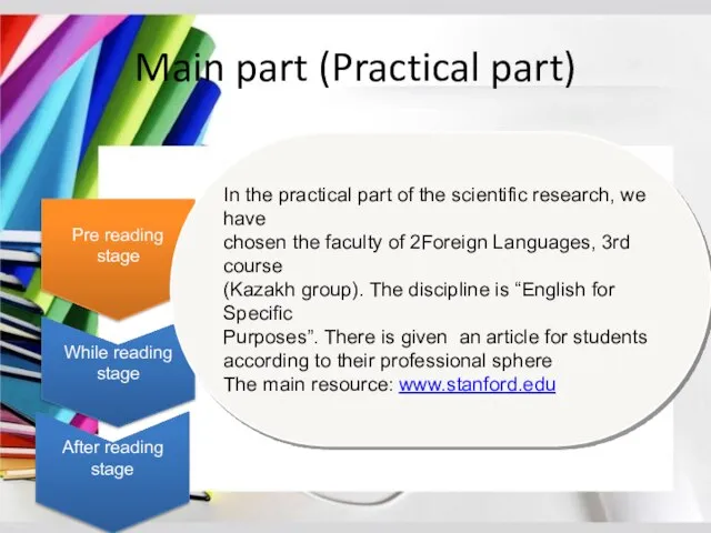 Main part (Practical part) Pre reading stage After reading stage While reading