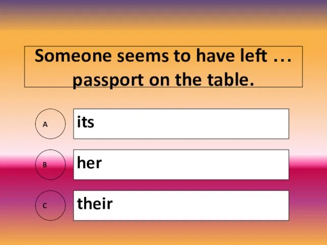 Someone seems to have left … passport on the table. A its B her C their