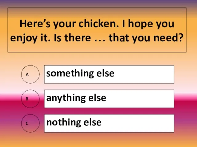 Here’s your chicken. I hope you enjoy it. Is there … that