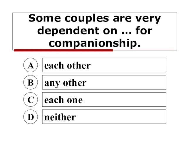 Some couples are very dependent on … for companionship. A each other