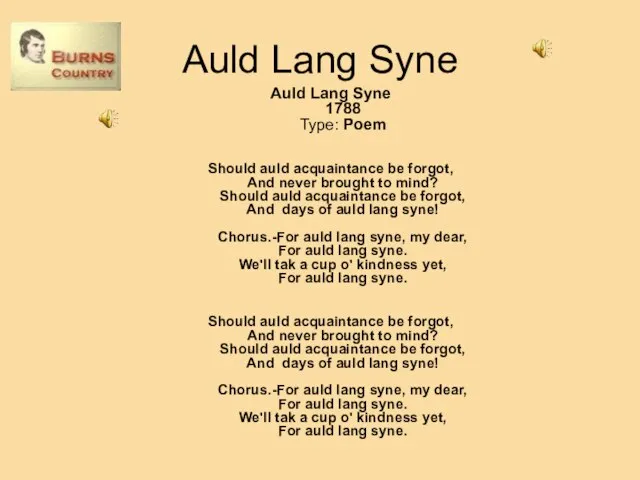 Auld Lang Syne Auld Lang Syne 1788 Type: Poem Should auld acquaintance