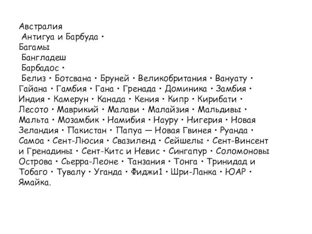 Австралия Антигуа и Барбуда • Багамы Бангладеш Барбадос • Белиз • Ботсвана