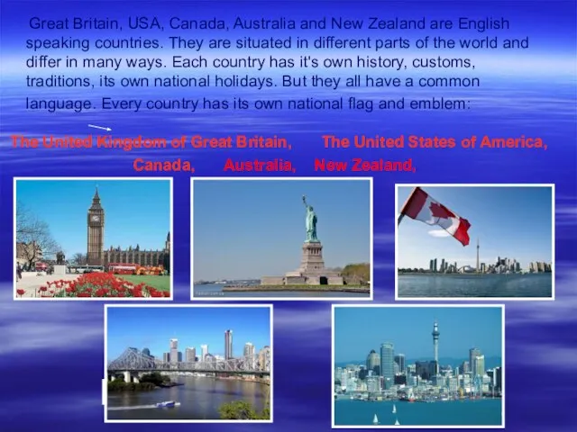Great Britain, USA, Canada, Australia and New Zealand are English speaking countries.