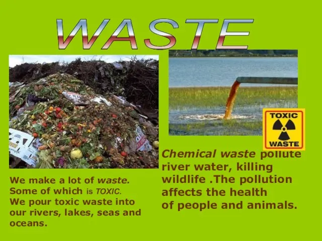 WASTE Chemical waste pollute river water, killing wildlife .The pollution affects the