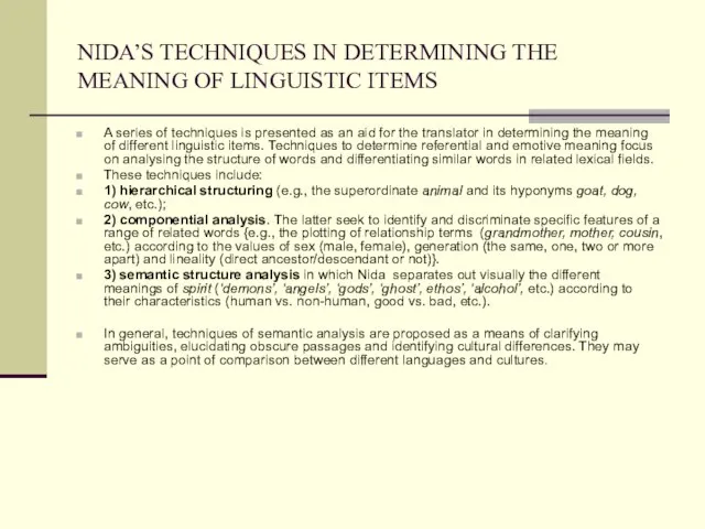 NIDA’S TECHNIQUES IN DETERMINING THE MEANING OF LINGUISTIC ITEMS A series of