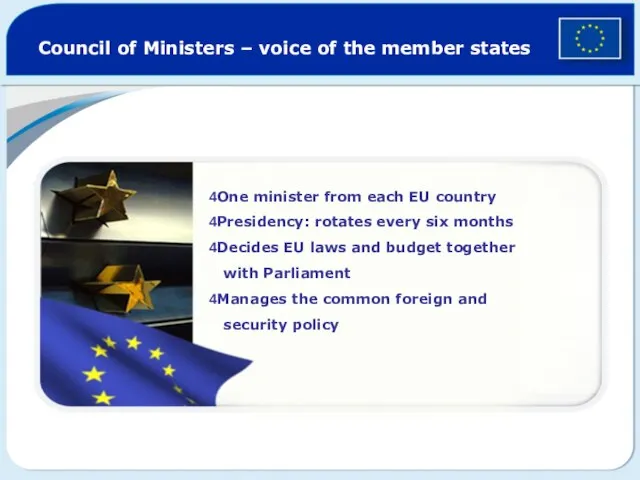 Council of Ministers – voice of the member states 4One minister from