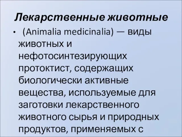 Лекарственные животные (Animalia medicinalia) — виды животных и нефотосинтезирующих протоктист, содержащих биологически