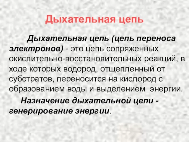 Дыхательная цепь Дыхательная цепь (цепь переноса электронов) - это цепь сопряженных окислительно-восстановительных