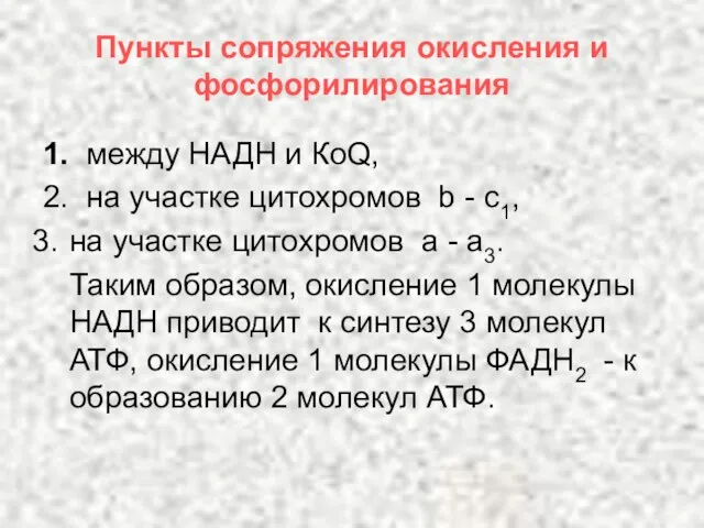 Пункты сопряжения окисления и фосфорилирования 1. между НАДН и КоQ, 2. на