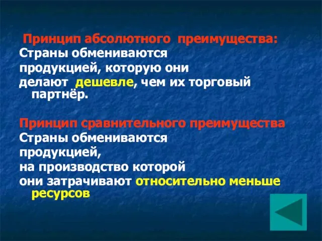 Принцип абсолютного преимущества: Страны обмениваются продукцией, которую они делают дешевле, чем их