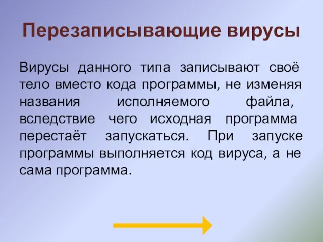 Перезаписывающие вирусы Вирусы данного типа записывают своё тело вместо кода программы, не