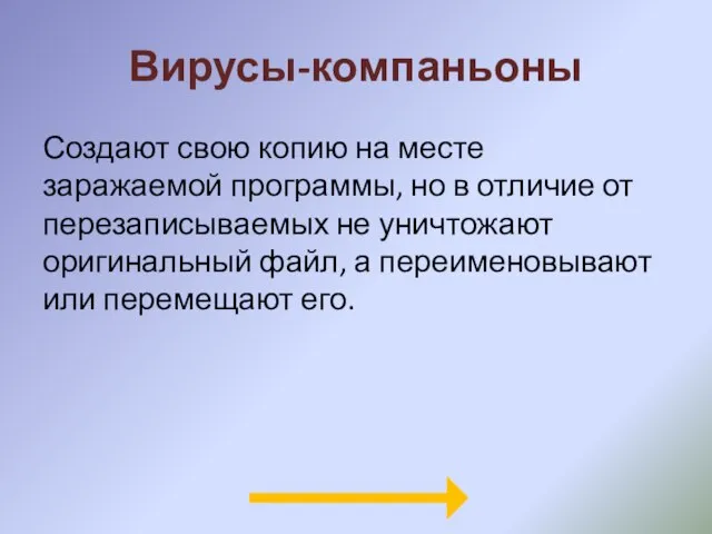 Вирусы-компаньоны Создают свою копию на месте заражаемой программы, но в отличие от