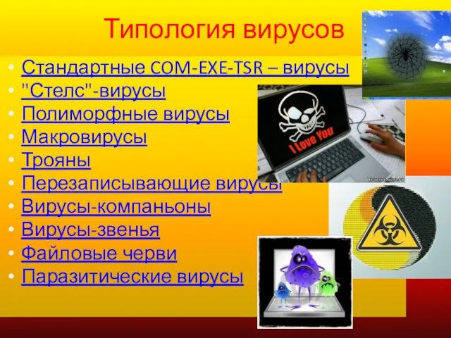 Типология вирусов Стандартные COM-EXE-TSR – вирусы "Стелс"-вирусы Полиморфные вирусы Макровирусы Трояны Перезаписывающие