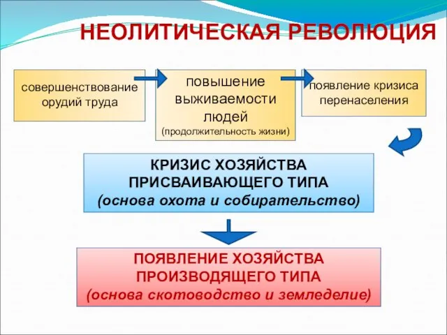 НЕОЛИТИЧЕСКАЯ РЕВОЛЮЦИЯ КРИЗИС ХОЗЯЙСТВА ПРИСВАИВАЮЩЕГО ТИПА (основа охота и собирательство) ПОЯВЛЕНИЕ ХОЗЯЙСТВА