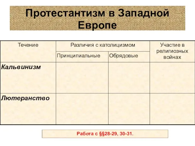 Протестантизм в Западной Европе Лютеранство Кальвинизм Обрядовые Принципиальные Участие в религиозных войнах