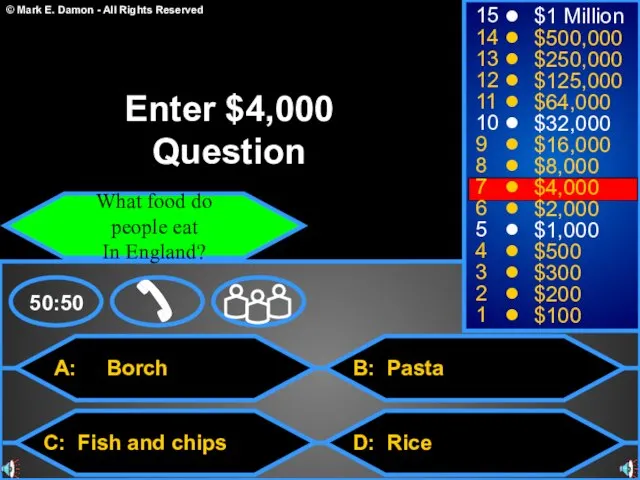 A: Borch C: Fish and chips B: Pasta D: Rice 50:50 15