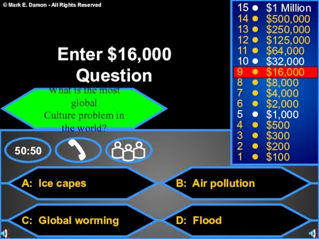 A: Ice capes C: Global worming B: Air pollution D: Flood 50:50