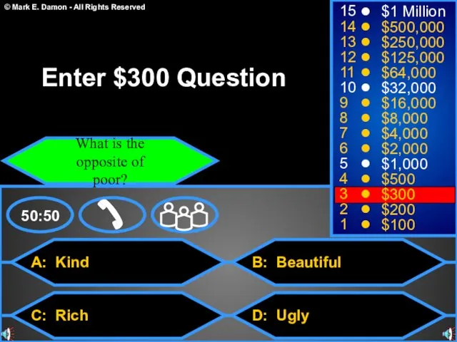 A: Kind C: Rich B: Beautiful D: Ugly 50:50 15 14 13