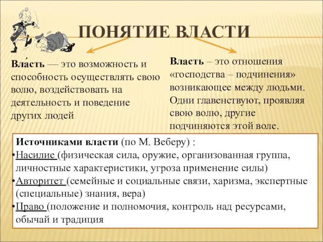 ПОНЯТИЕ ВЛАСТИ Вла́сть — это возможность и способность осуществлять свою волю, воздействовать