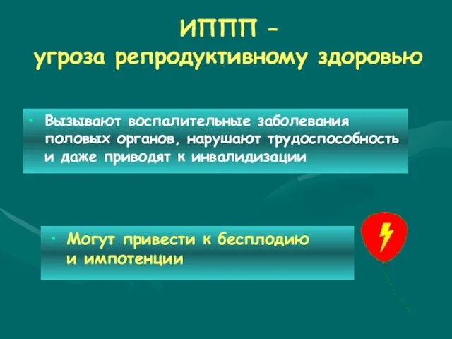 ИППП – угроза репродуктивному здоровью Вызывают воспалительные заболевания половых органов, нарушают трудоспособность