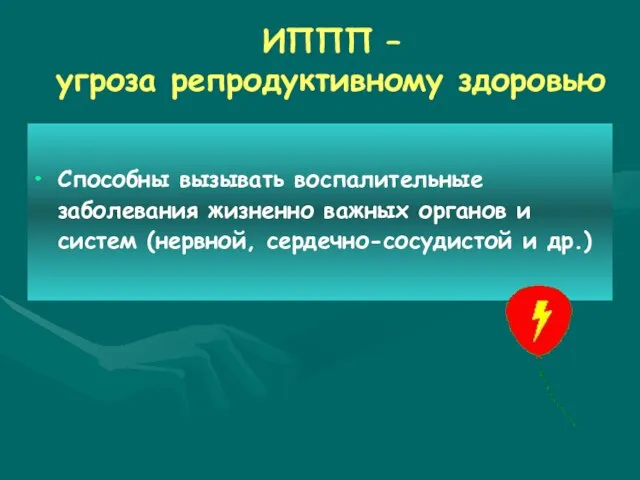 ИППП – угроза репродуктивному здоровью Способны вызывать воспалительные заболевания жизненно важных органов