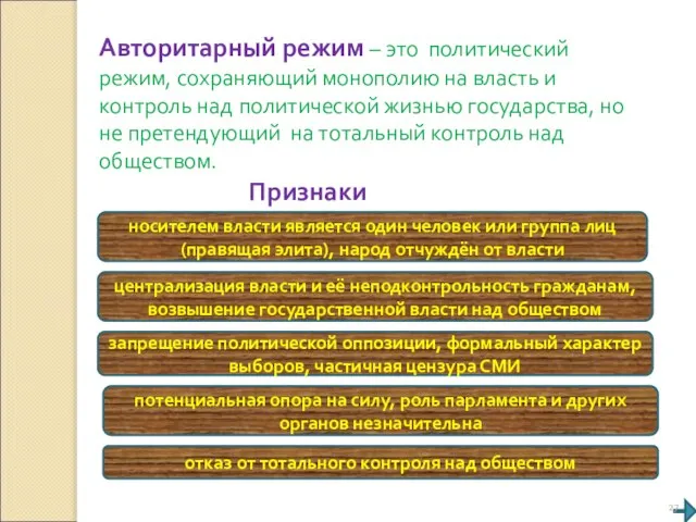 Авторитарный режим – это политический режим, сохраняющий монополию на власть и контроль