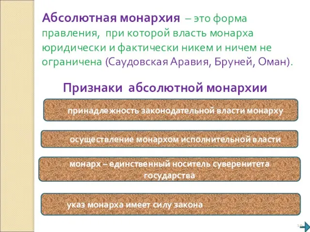 Абсолютная монархия – это форма правления, при которой власть монарха юридически и