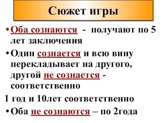 Сюжет игры Оба сознаются - получают по 5 лет заключения Один сознается