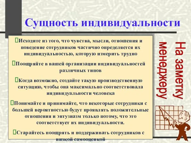 Сущность индивидуальности Исходите из того, что чувства, мысли, отношения и поведение сотрудников