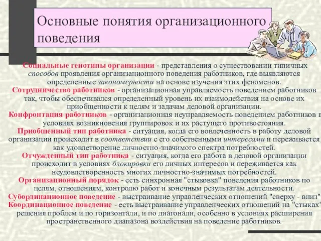 Основные понятия организационного поведения Социальные генотипы организации - представления о существовании типичных