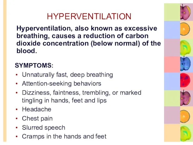 HYPERVENTILATION SYMPTOMS: Unnaturally fast, deep breathing Attention-seeking behaviors Dizziness, faintness, trembling, or