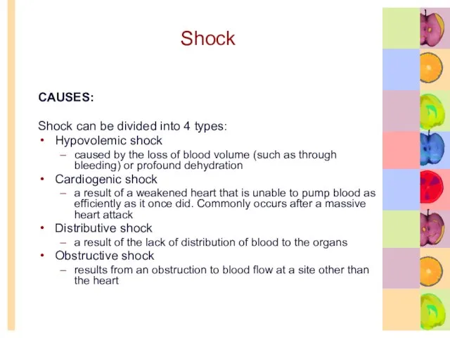 Shock CAUSES: Shock can be divided into 4 types: Hypovolemic shock caused