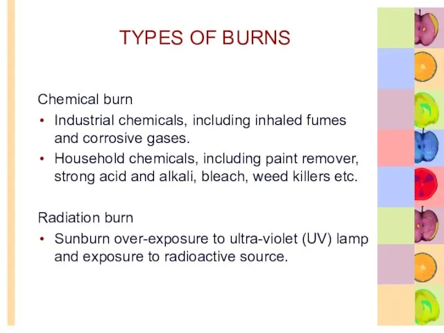 TYPES OF BURNS Chemical burn Industrial chemicals, including inhaled fumes and corrosive