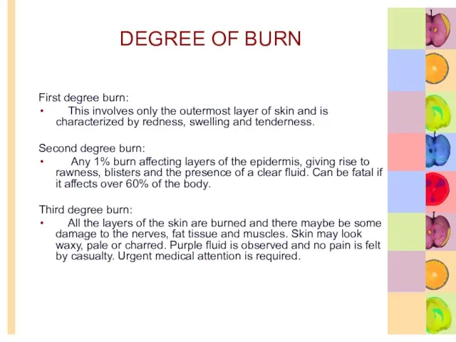 DEGREE OF BURN First degree burn: This involves only the outermost layer