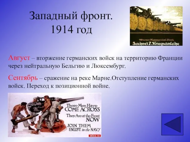 Западный фронт. 1914 год Август – вторжение германских войск на территорию Франции