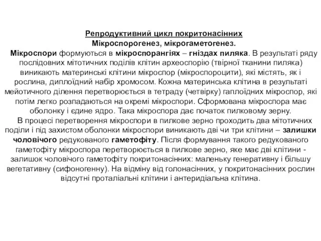 Репродуктивний цикл покритонасінних Мікроспорогенез, мікрогаметогенез. Мікроспори формуються в мікроспорангіях – гніздах пиляка.