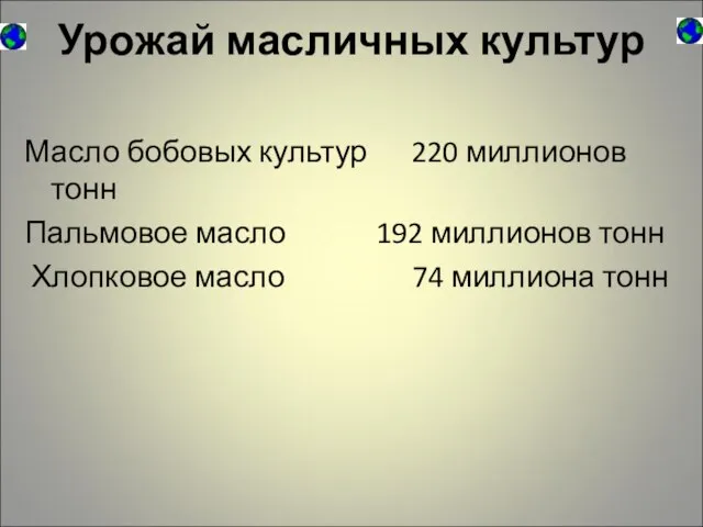 Урожай масличных культур Масло бобовых культур 220 миллионов тонн Пальмовое масло 192