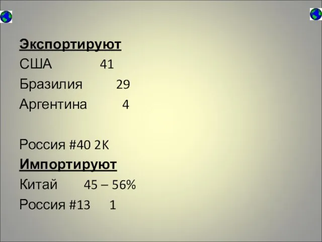 Экспортируют США 41 Бразилия 29 Аргентина 4 Россия #40 2K Импортируют Китай