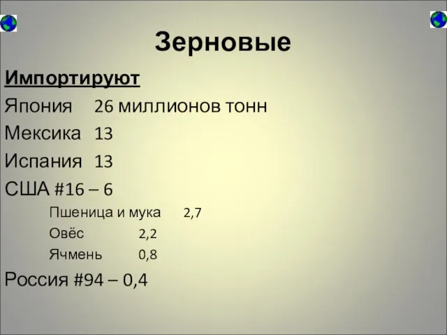 Зерновые Импортируют Япония 26 миллионов тонн Мексика 13 Испания 13 США #16