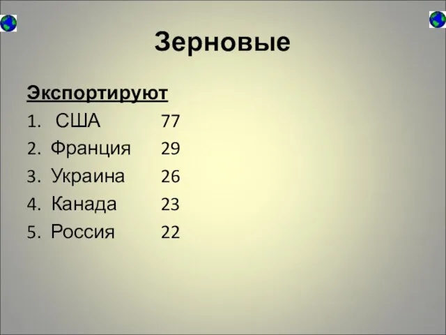 Зерновые Экспортируют 1. США 77 2. Франция 29 3. Украина 26 4.