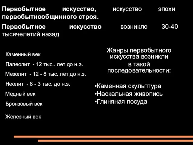 Первобытное искусство, искусство эпохи первобытнообщинного строя. Первобытное искусство возникло 30-40 тысячелетий назад