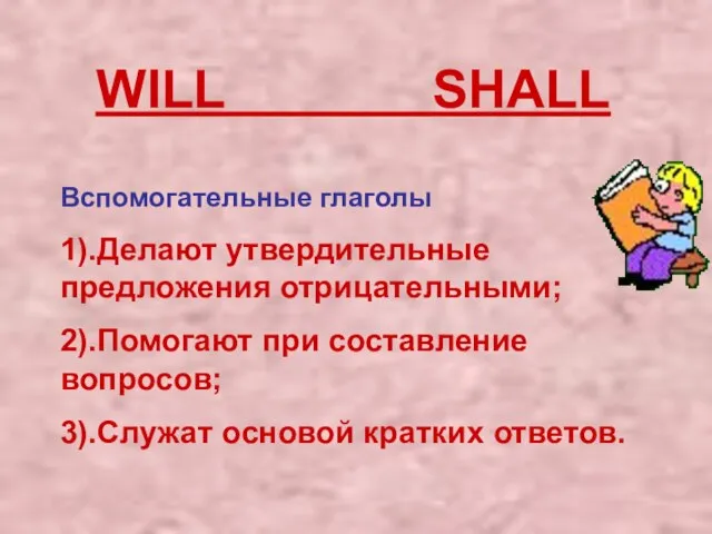 Вспомогательные глаголы 1).Делают утвердительные предложения отрицательными; 2).Помогают при составление вопросов; 3).Служат основой кратких ответов. WILL SHALL