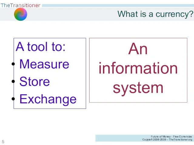 What is a currency? A tool to: Measure Store Exchange An information system