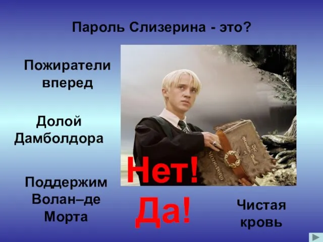 Чистая кровь Пароль Слизерина - это? Нет! Пожиратели вперед Долой Дамболдора Поддержим Волан–де Морта Да!