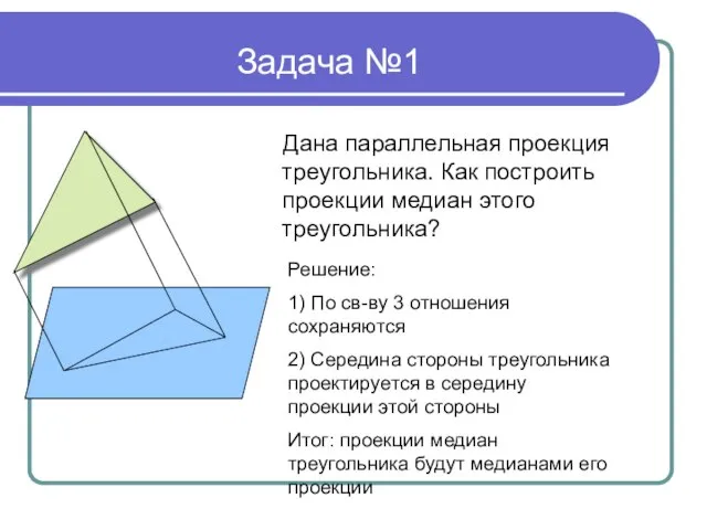 Задача №1 Дана параллельная проекция треугольника. Как построить проекции медиан этого треугольника?