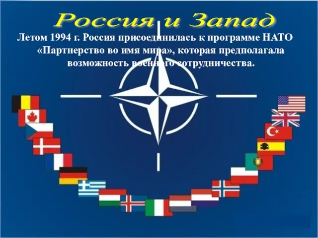 Россия и Запад Летом 1994 г. Россия присоединилась к программе НАТО «Партнерство
