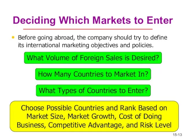 Deciding Which Markets to Enter Before going abroad, the company should try