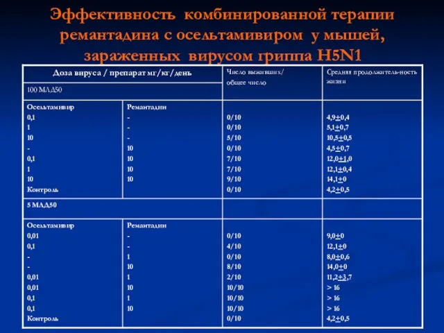 Эффективность комбинированной терапии ремантадина с осельтамивиром у мышей, зараженных вирусом гриппа H5N1